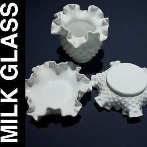 Vintage Fenton White Milk Glass Hobnail Set - 3 Pieces  1 Vase 2 Candy Dishes
